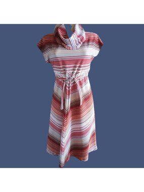 True Vintage Dress Small Boho 1970's Stripe Cowl Neck Knee-Length Belted